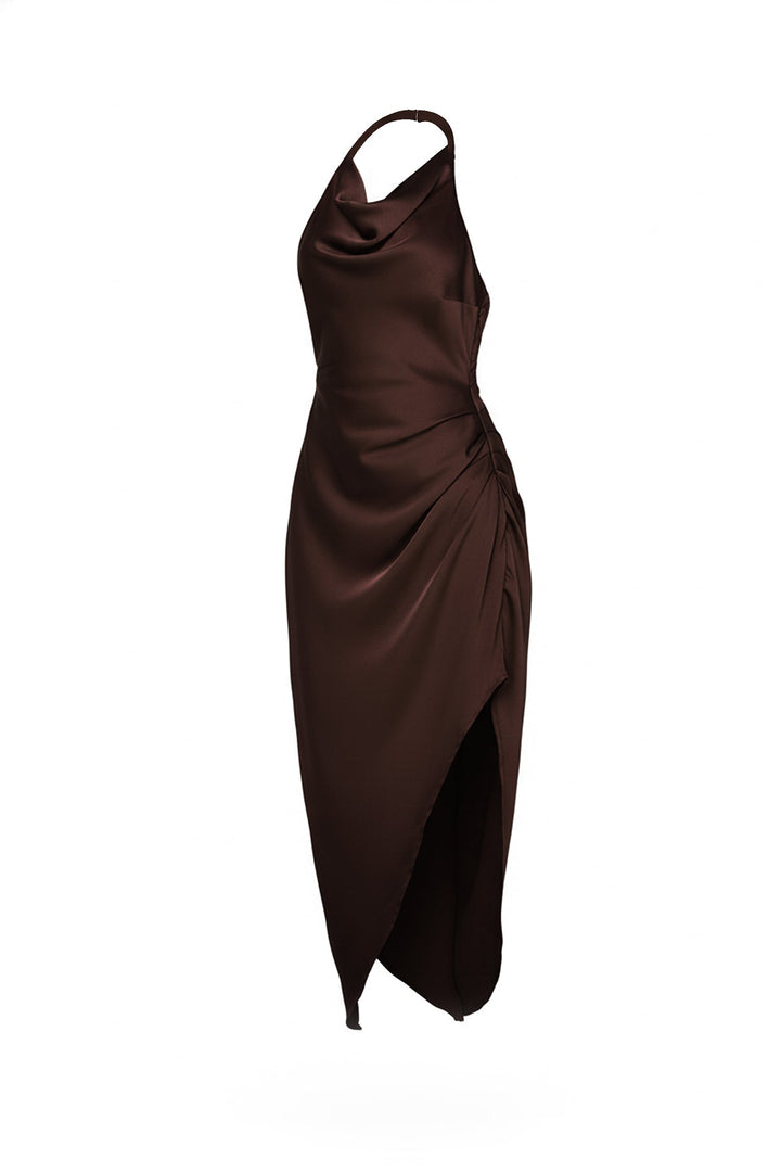 Shahida Parides,
curve-hugging halter neck design,
sleek asymmetric cocktail midi dress,
elegant halter neck evening dress,