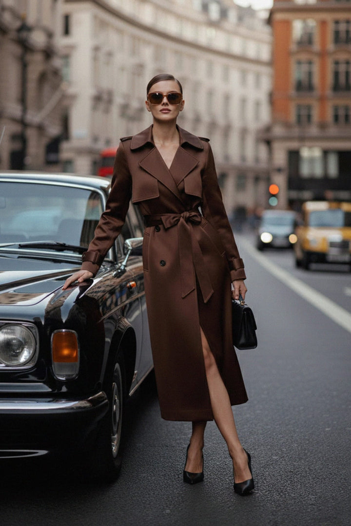 Statement satin trench coat with a glossy high-shine finish and event-ready style, Shahida,