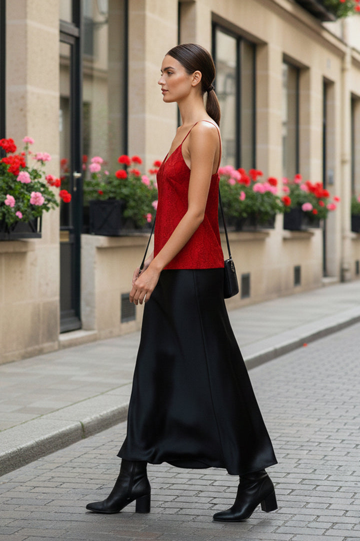 Kyle Richards, solid blood stone, vegan silk, cami top, cupro fabric, sustainable fashion, womens wear, luxury, stylish