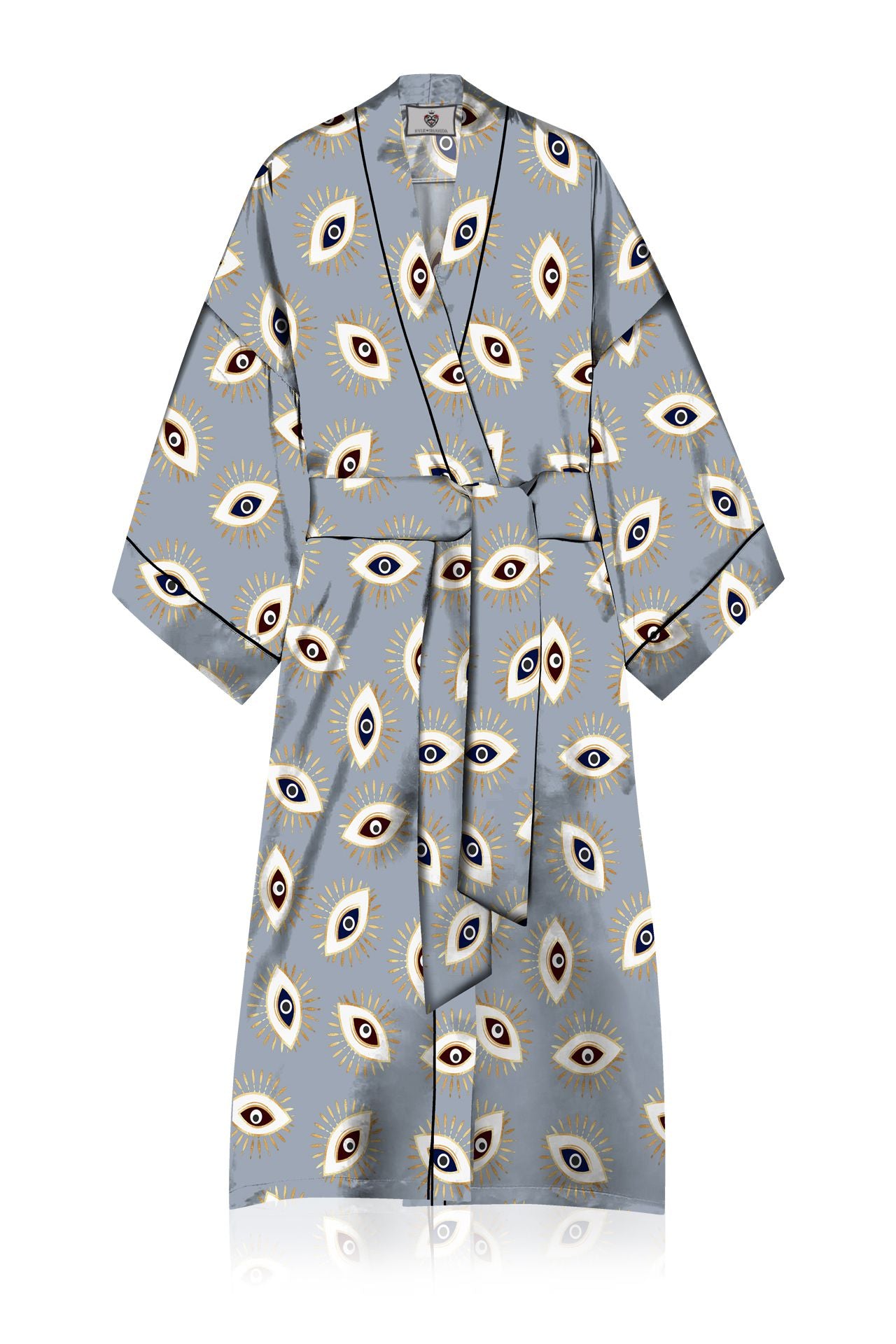 "printed robes womens" "Kyle X Shahida" "silk robes for women short" "light grey robe"