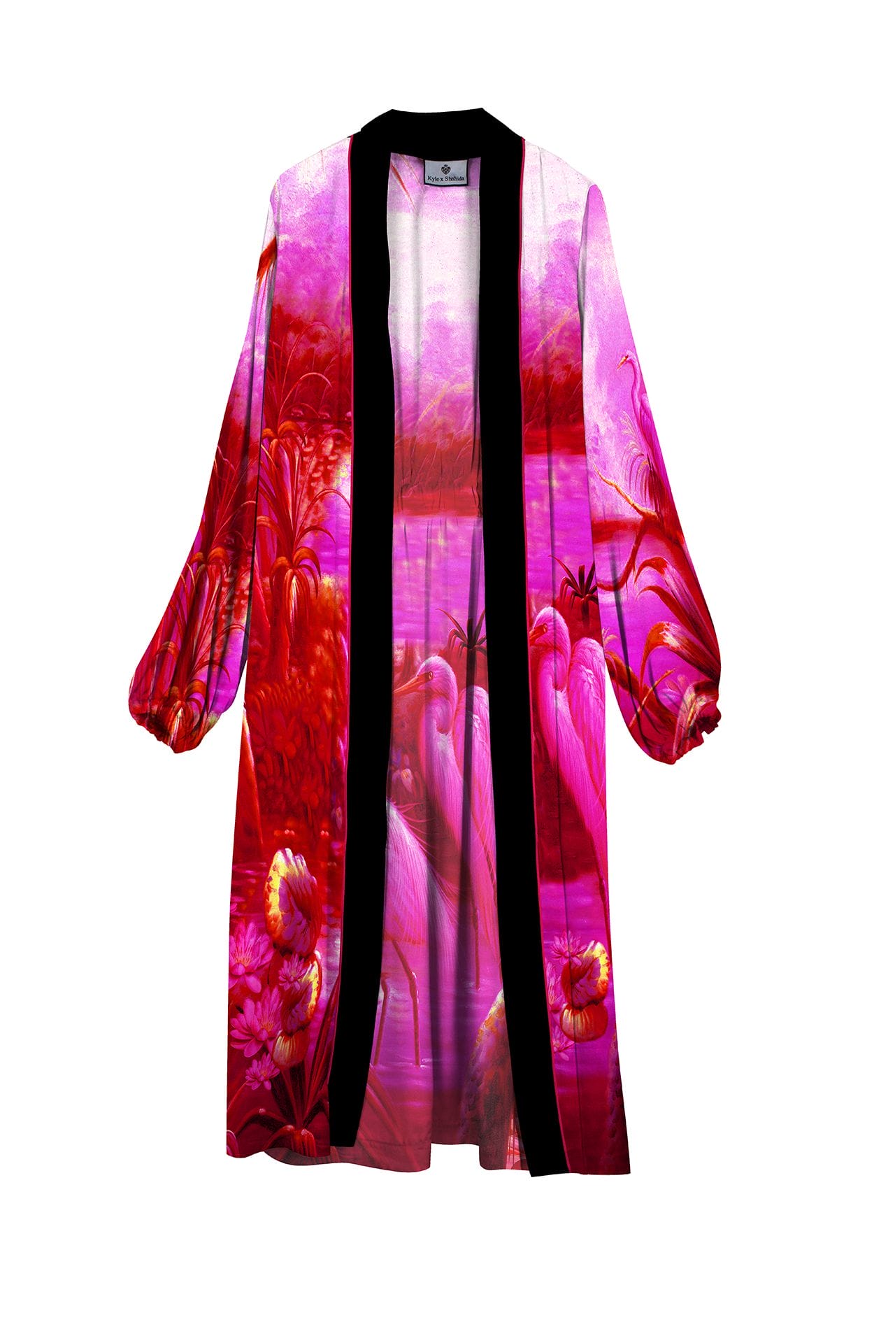 "pink silk robe" "Kyle X Shahida" "womens long silk robe" "robe dress silk" "printed silk robe"