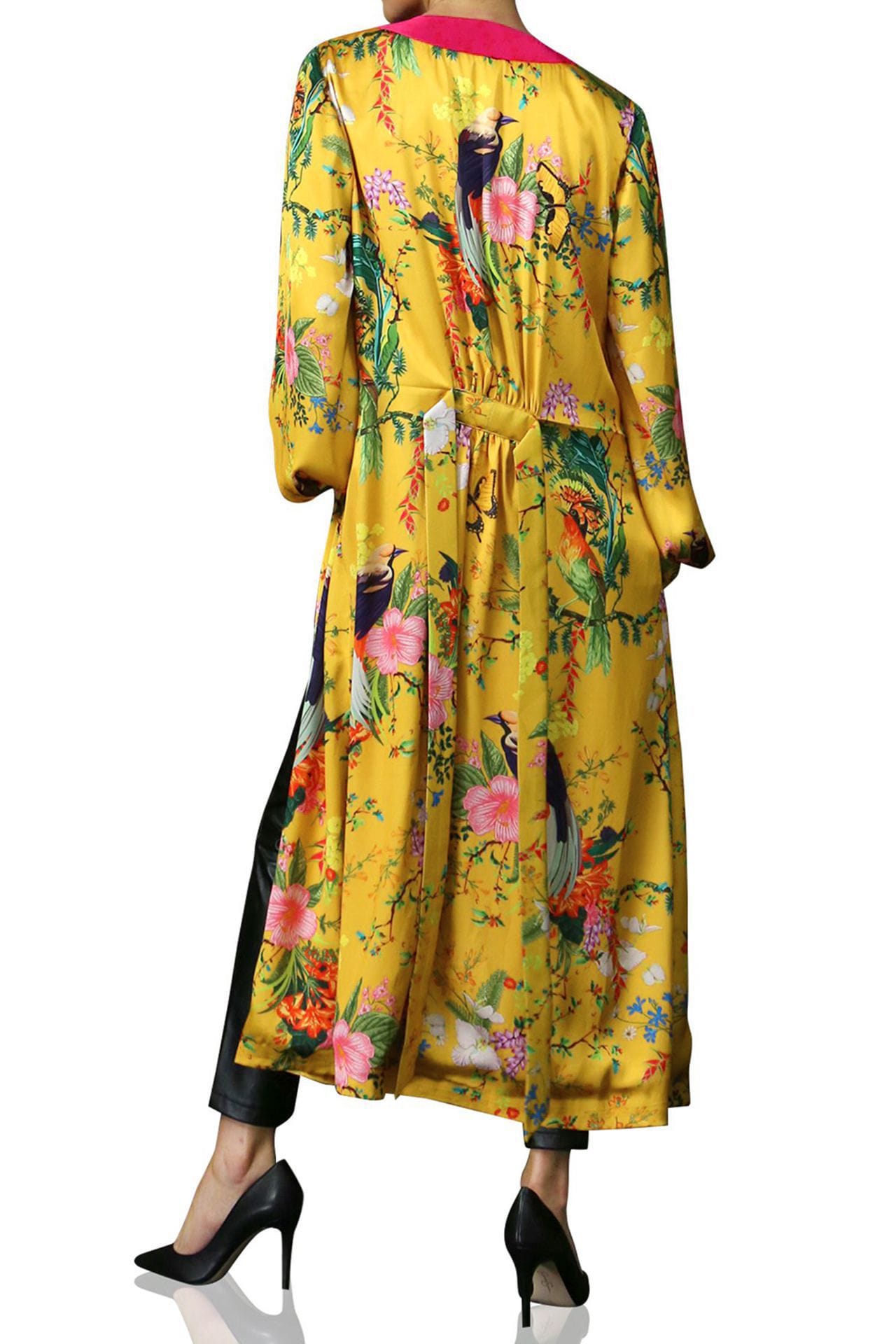 "Kyle X Shahida" "womens long kimono robe" "silk robes and kimonos" "long kimono robe womens" "yellow silk kimono"