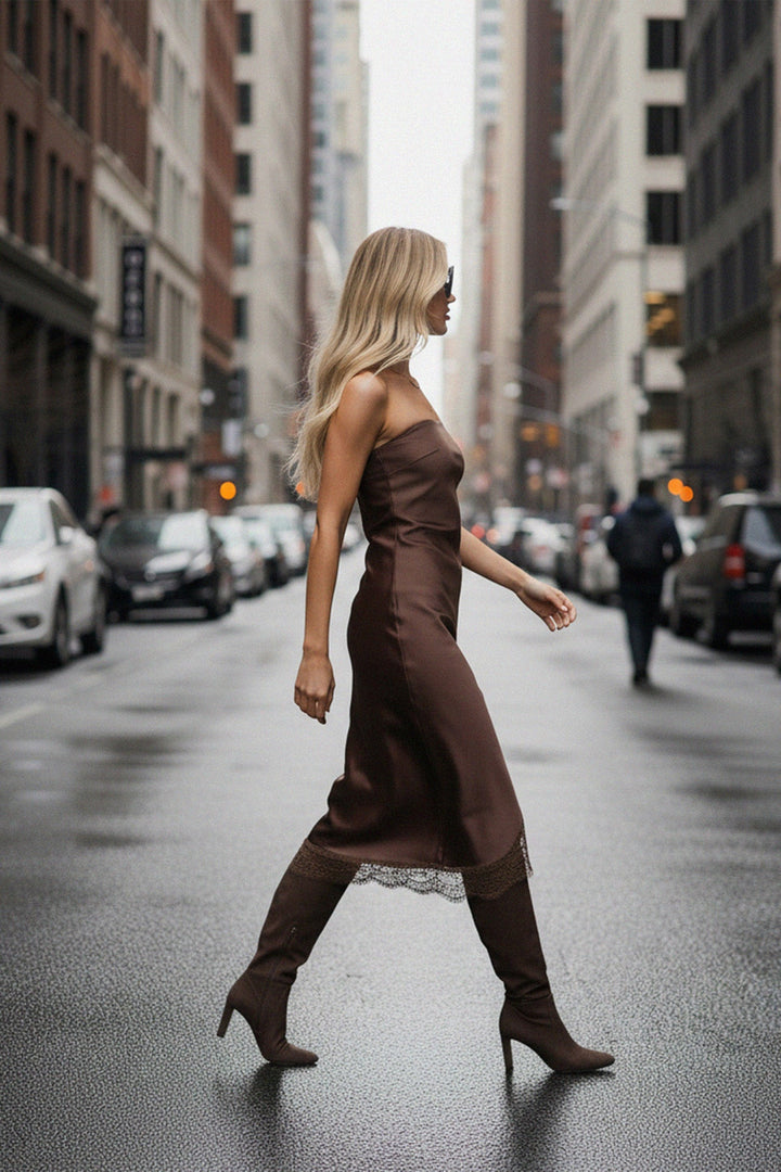 N ea Pari,
Bridal Lace Trim Dress,
Sophisticated Strapless Dress,
Formal Lace Trim Midi Dress,