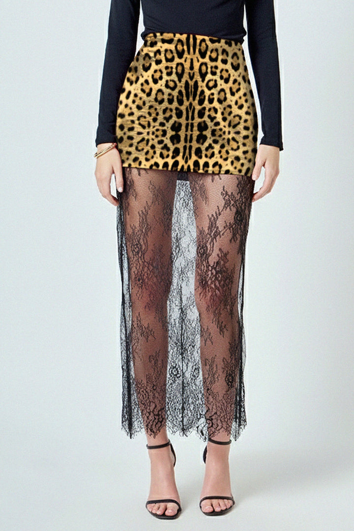 Shahida, Elegant long lace skirt for parties, Maxi skirt with lace hem detailing,