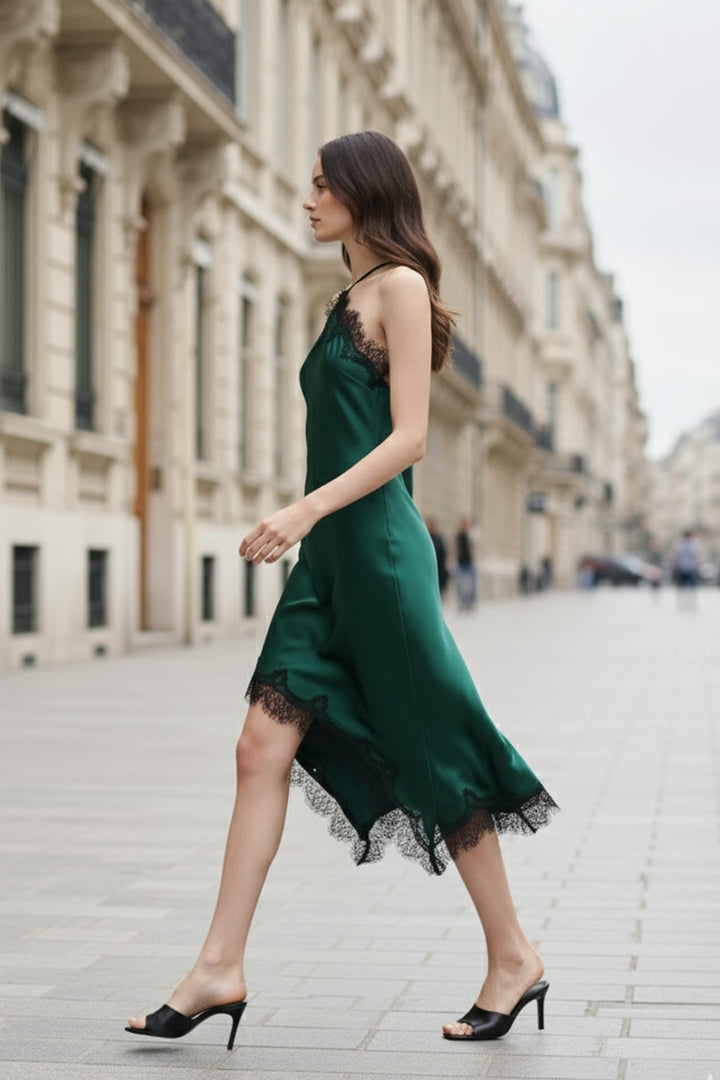 Shahida, 
A-line midi slip dress,
Lace overlay midi dress,
Classic slip dress with lace,