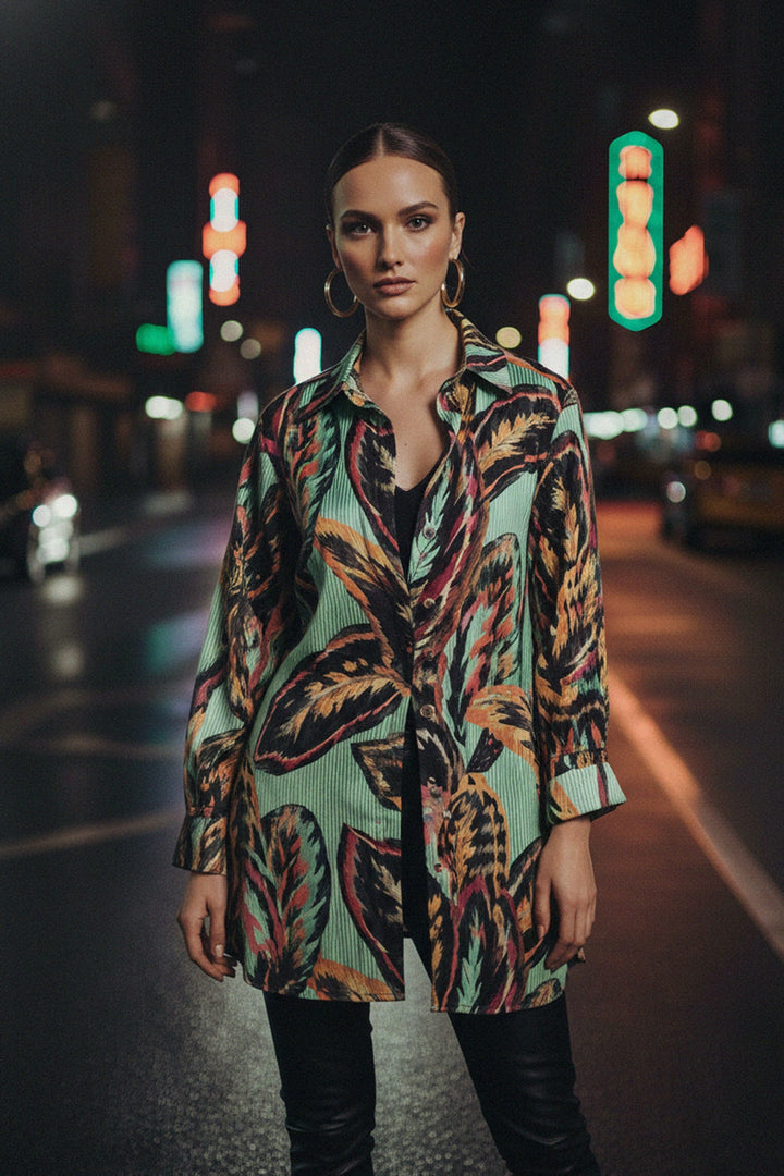 mint leaf dress, designer fashion, Shahida Parides mint, colorful print, evening outfit, black leather pants, street chic, luxury fashion, women’s wear, long sleeve shirt, trendy style, printed fashion