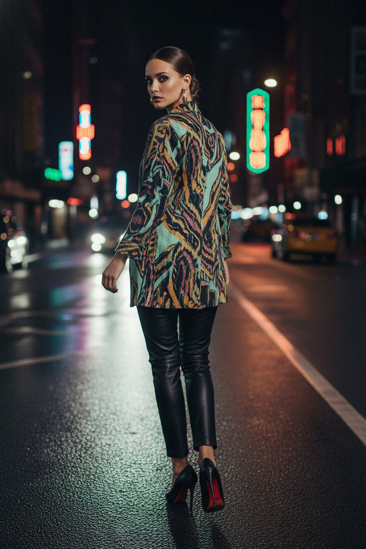 leaf print dress, mint designer shirt, Shahida Parides fashion, left pose model, evening outfit, bold print, floral design, street chic, stylish woman, long sleeve dress, modern style, elegant outfit