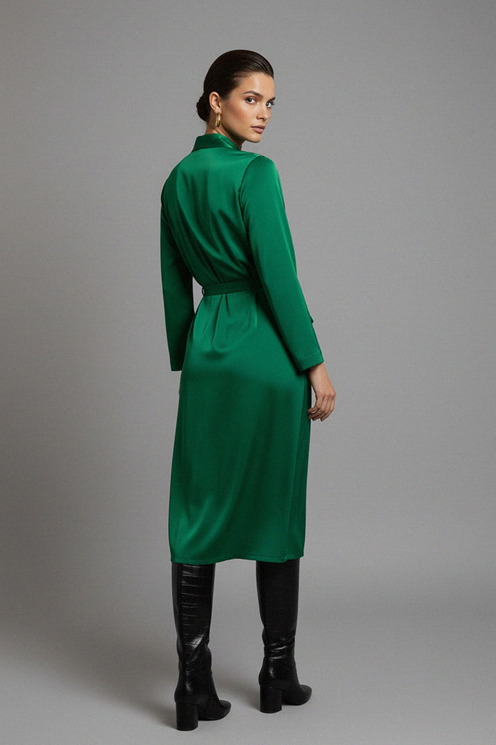 left angle wrap, green midi dress, vegan silk outfit, eco luxury clothing, Shahida Parides line, sustainable chic, elegant design, soft flow fabric, modern silhouette, stylish wrap, eco wear, ethical brand