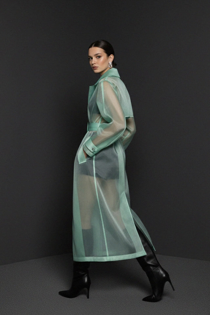 Luxury organza long trench coat for spring wear, Shahida,