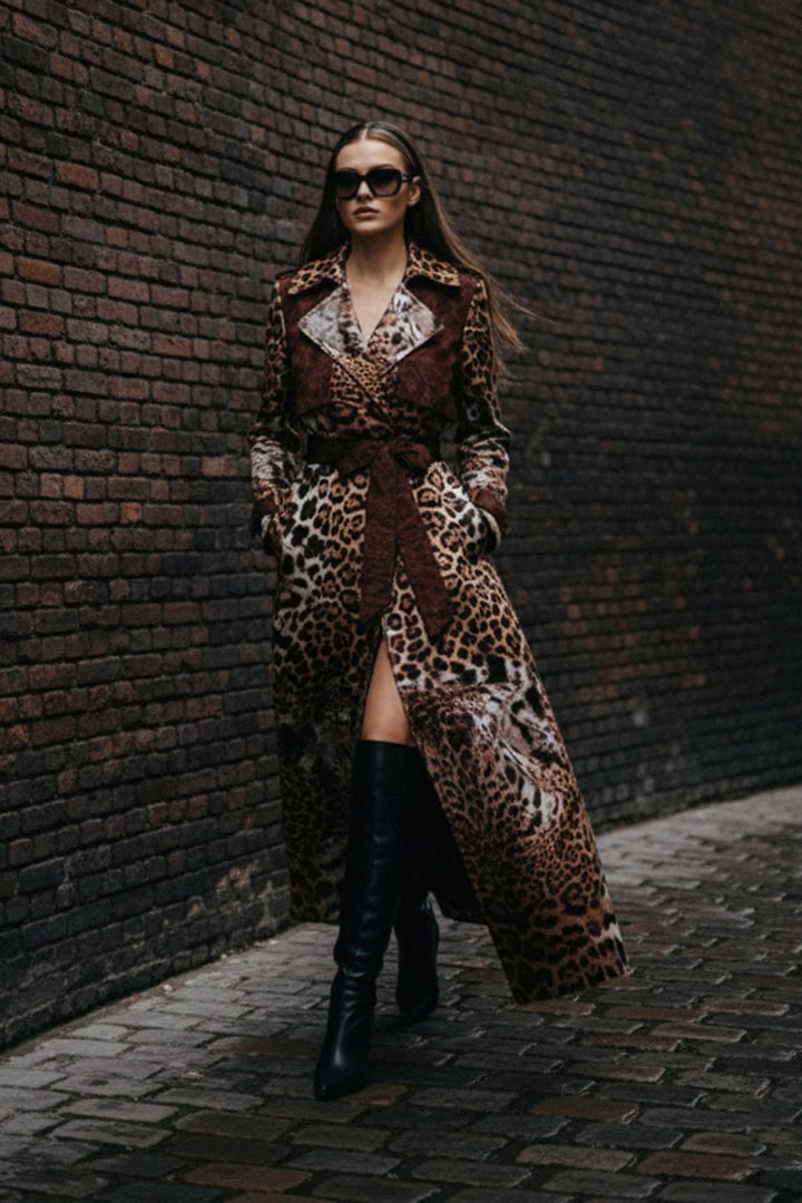 Stylish Animal Print Belted Trench Coat, Shahida,