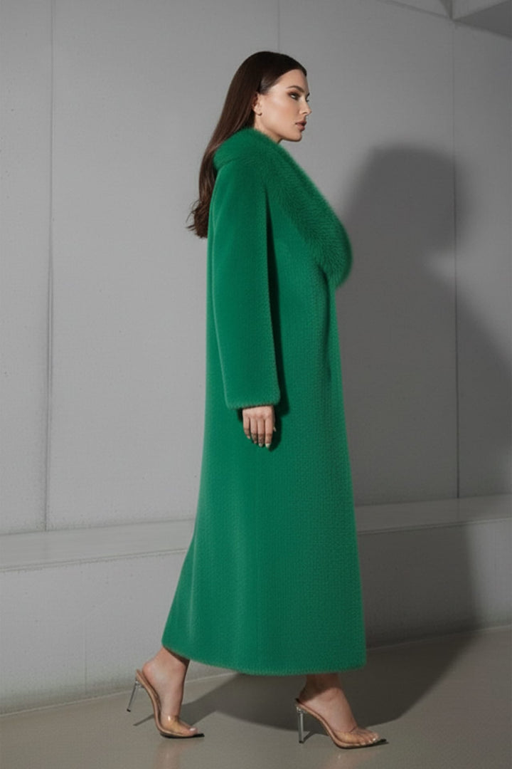 Elegant green faux fur winter coat-Long faux fur green coat, Shahida,