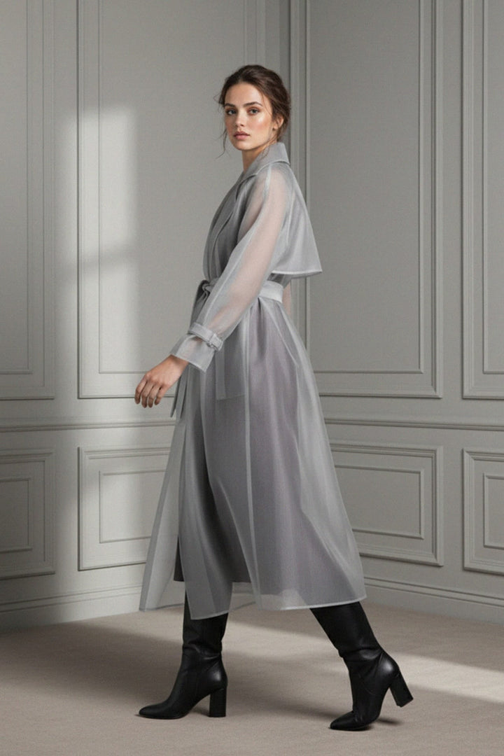 Belted organza trench coat for sophisticated look, Shahida,