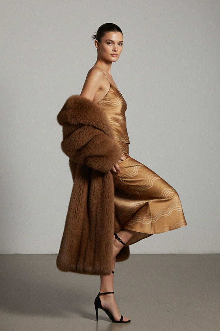Golden Wave Satin Slip Dress with Luxe Faux-Fur Coat | Premium Eveningwear Kyle x Shahida Golden Wave Satin Slip Dress with Luxe Faux-Fur Coat | Premium Eveningwear Kyle x Shahida