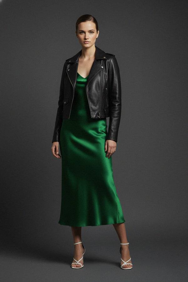 Spaghetti strap dress, Satin green dress, Luxury silk gown, Slip dress fashion, Fashionable slip dress, Designer midi dress