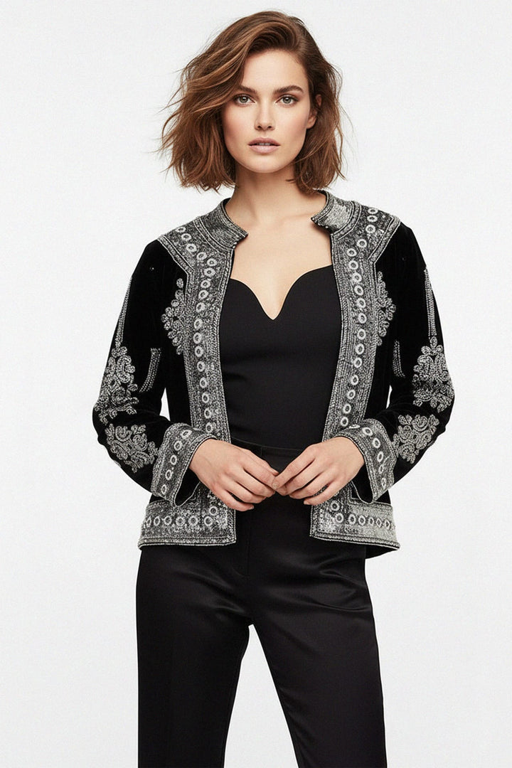 Black Embellished Velvet Jacket, Beaded Velvet Jacket for Women, Kyle X Shahida,