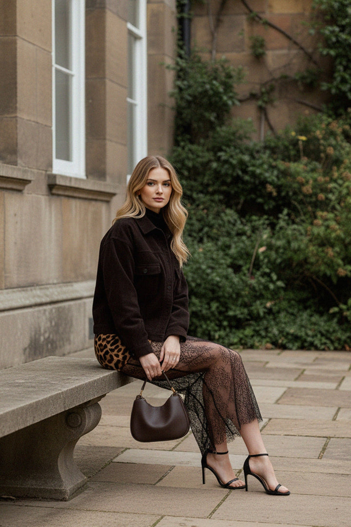 Shahida,
Statement maxi skirt look,
Delicate floral lace edges,
Dressy casual skirt style,