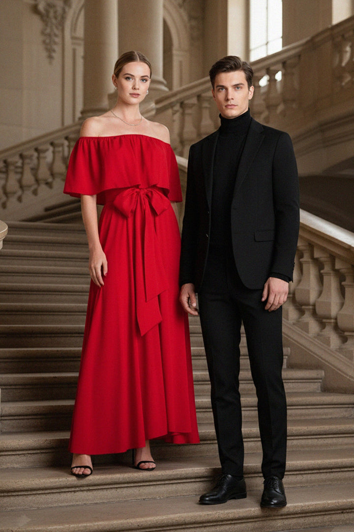 luxury couture red gown, elegant event wear, couple fashion style, evening formal outfit, stylish red evening gown, high fashion red dress, couture designer gown, sophisticated evening wear