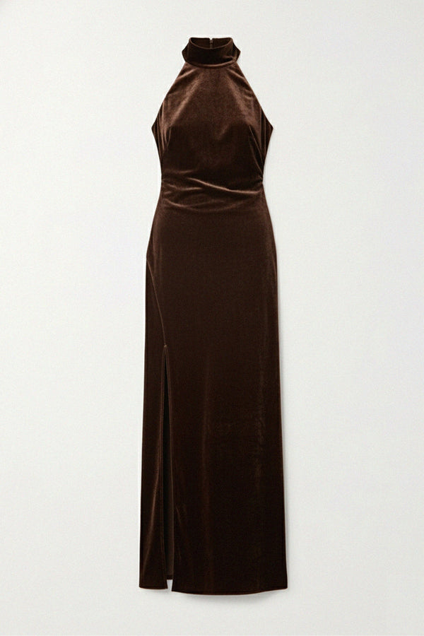 Trendy velvet halter neck gown with side slit, shahida-kyle-richards,