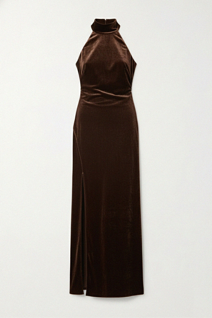 Trendy velvet halter neck gown with side slit, shahida-kyle-richards,