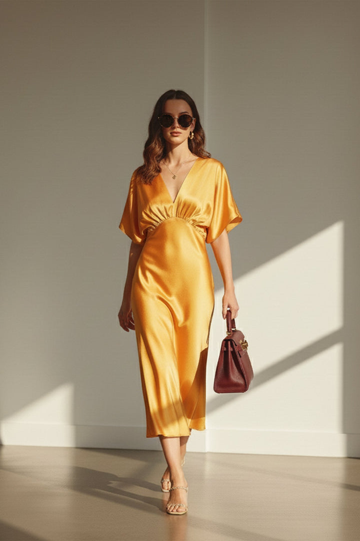 N ea Pari,
Gathered Fabric Midi Dress,
Elegant Plunged Neck Dress,
Cocktail Midi Dress,