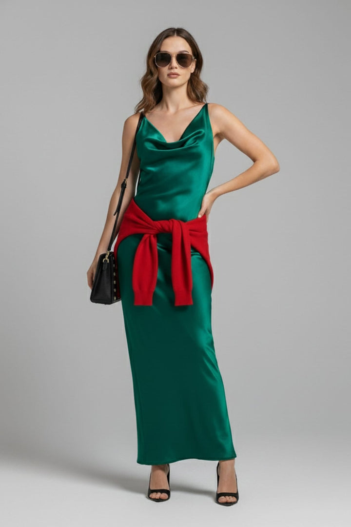 Cowl neck crisscross back dress for luxury formal wear, Shahida,