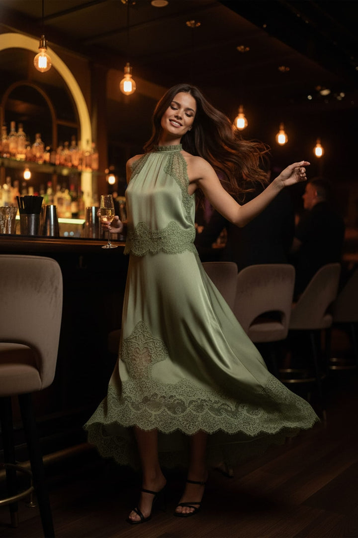 Shahida Parides,
flowy lace midi dress,
wedding guest lace midi dress,
lace-trim evening dress,