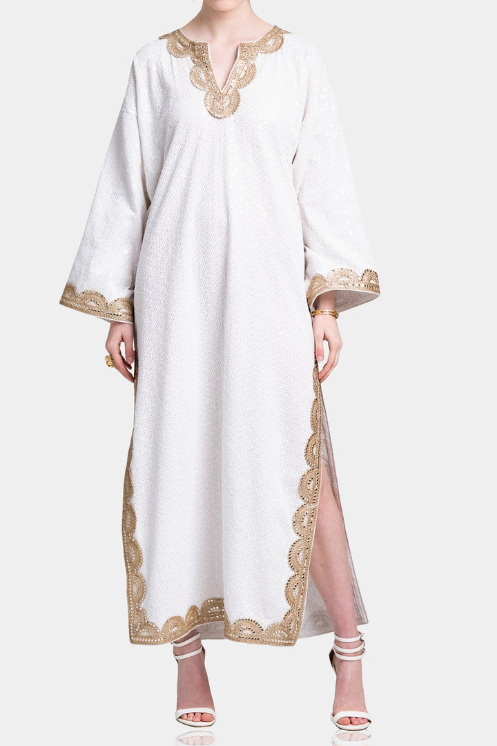 One Size White Embellished Couture Kaftan Maxi Dress with Gold Detailing