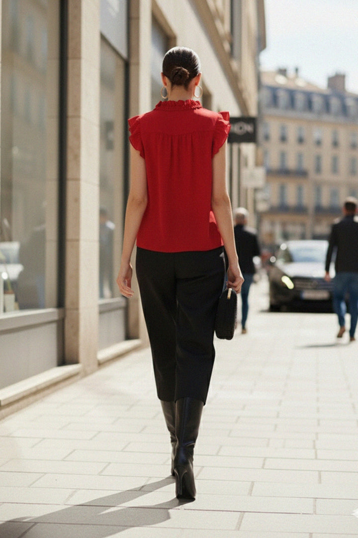 Back View, Rear Pose, Designer Back Look, Red Statement Top, Fashion Backshot, Luxury Editorial, Elegant Silhouette, Designer Fashionwear, Women’s Outfit Idea