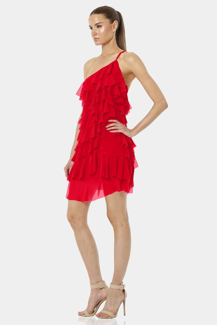 red mini dress designer Sexy Red Mini Dress | One Shoulder Ruffle Dress