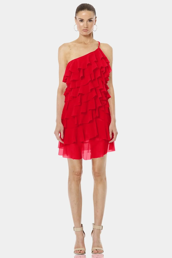red designer mini dress S Starlight Fiery Red Ruffle Mini Dress With Designer One Shoulder