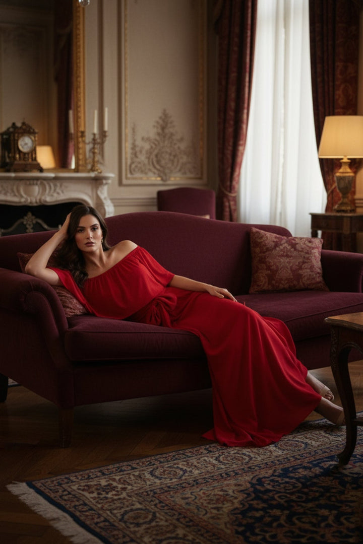 red off shoulder party dress, reclining pose fashion, women’s designer outfit, shahida parides luxury fashion, elegant red evening gown, stylish off shoulder red dress, couture red designer wear, glamorous red fashion look, sophisticated red gown