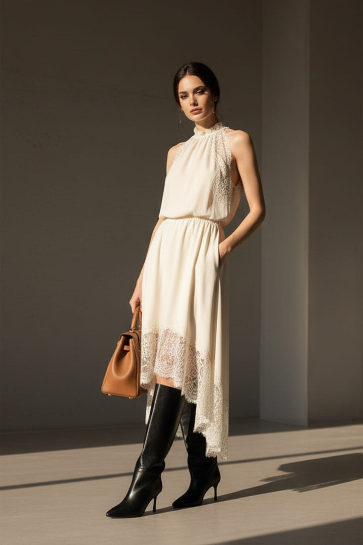 Shahida Parides,
wedding guest lace midi dress,
lace-trim evening dress,
chic lace trim outfit,