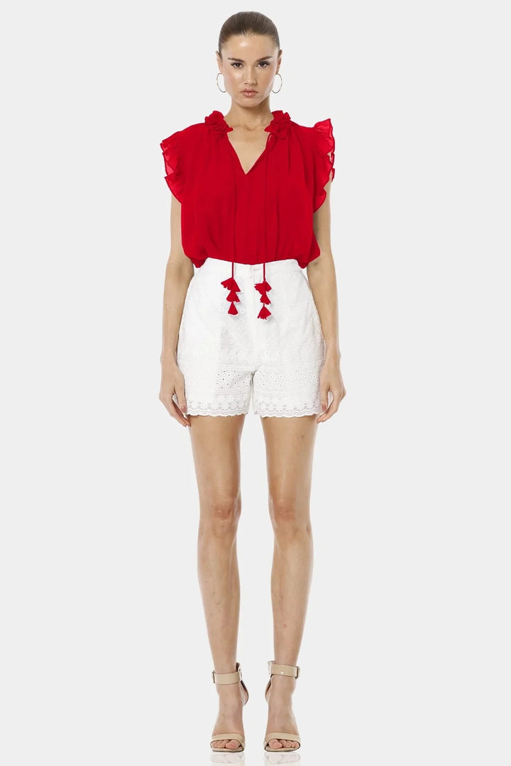 Ruffle Neck Sleeveless Top, Top With Ruffle, Red Tie Up Top, Neck Ruffle Top, Qishma Collection, Red Sleeveless Top, Women’s Ruffle Top, Designer Red Top, Elegant Ruffle Neck, Summer Red Top