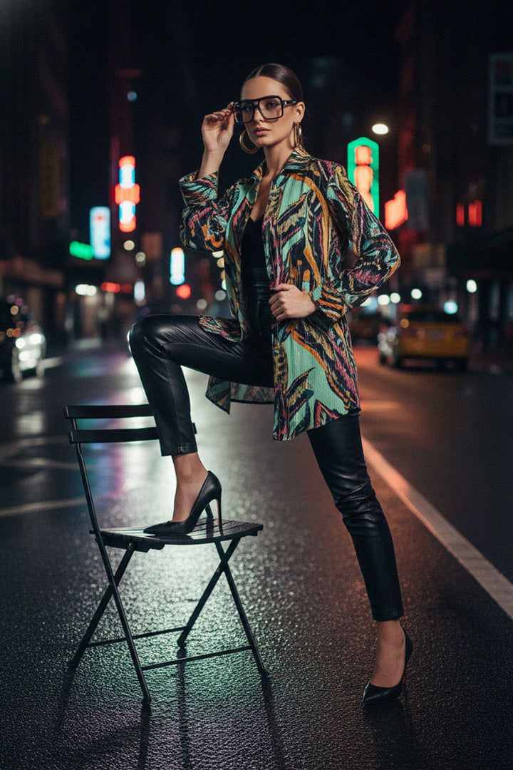 fabric close-up, floral design, leaf print mint, Shahida Parides, texture details, colorful shirt, long sleeve top, designer fabric, women’s fashion, elegant style, detailed print, modern outfit