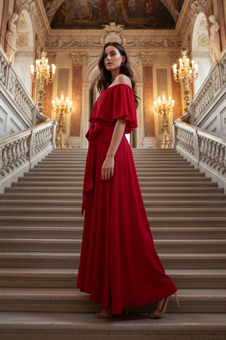 shahida parides designer red dress, off shoulder red gown, women’s fashion statement, luxury designer outfit, elegant red fashion look, chic red off shoulder dress, sophisticated red evening gown