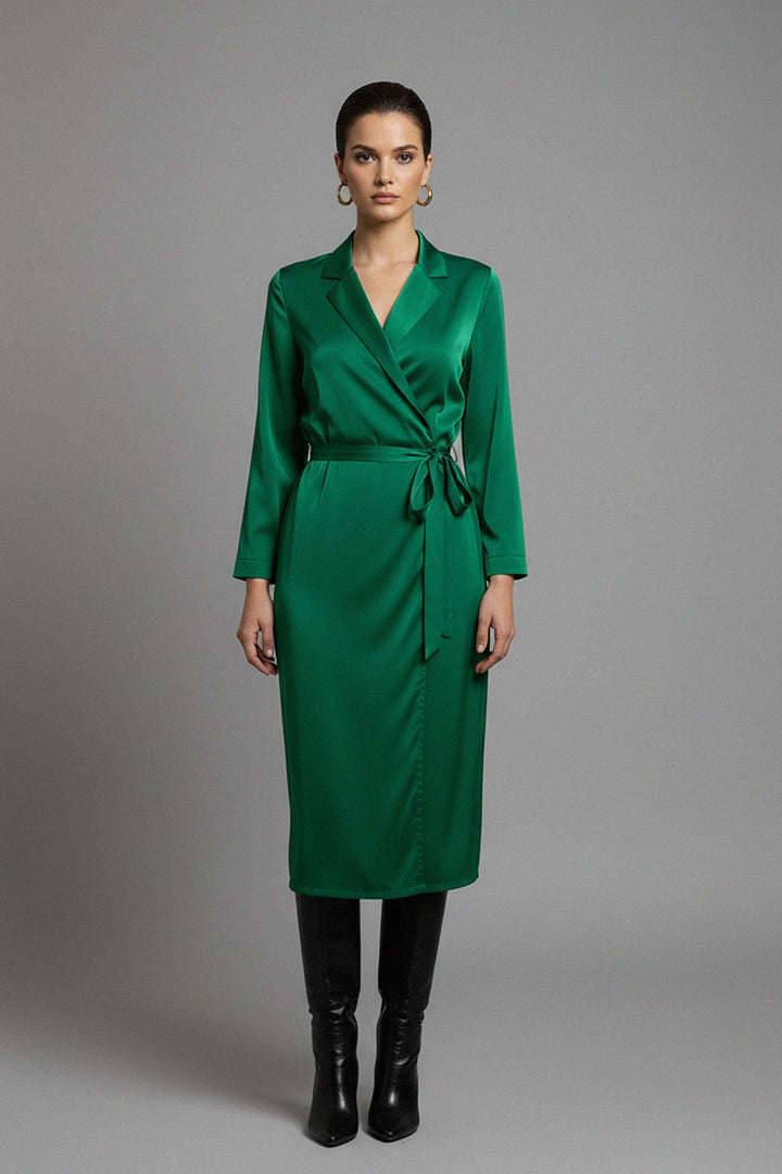 emerald wrap gown, satin maxi dress, right side view, Shahida Parides, green evening gown, belted silk dress, elegant silhouette, luxury style, women’s wear, satin fashion, classy outfit, event attire