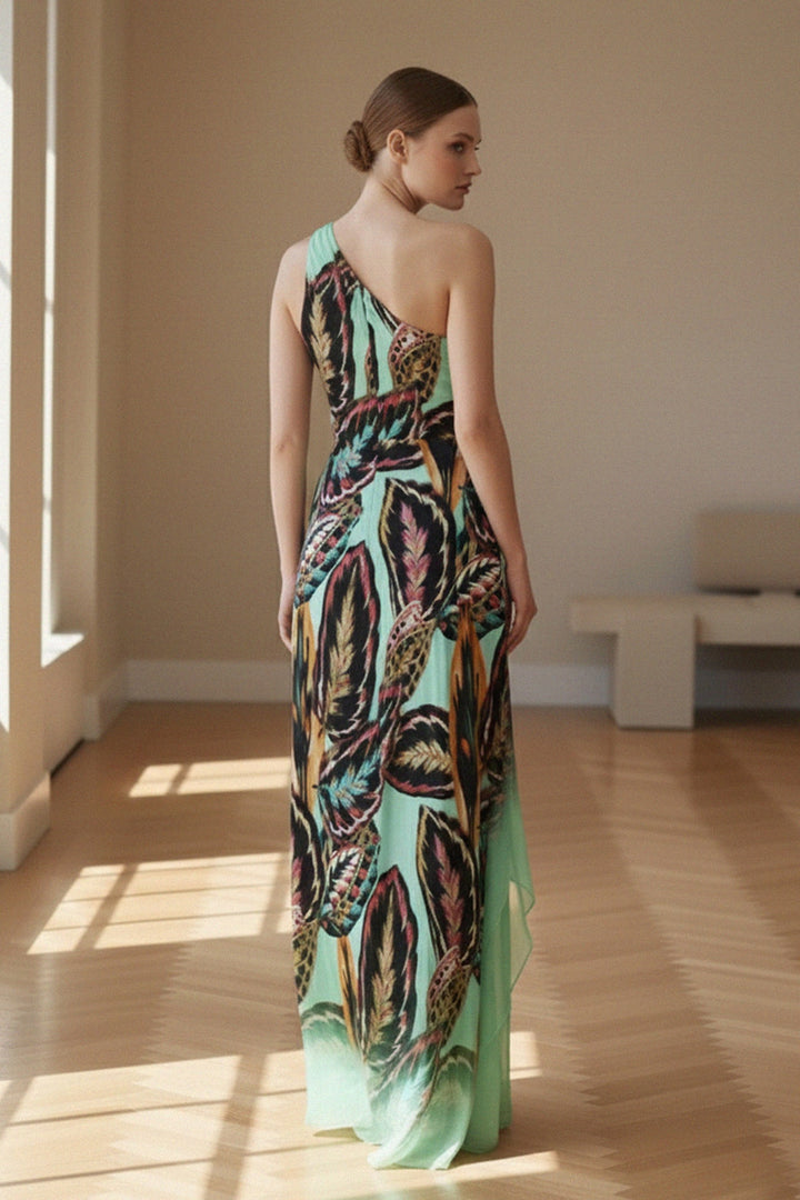 Shahida Parides, elegant fashion, luxury evening wear, formal occasion outfit, stylish sitting shot, chic one shoulder dress, glamorous evening attire, evening gown