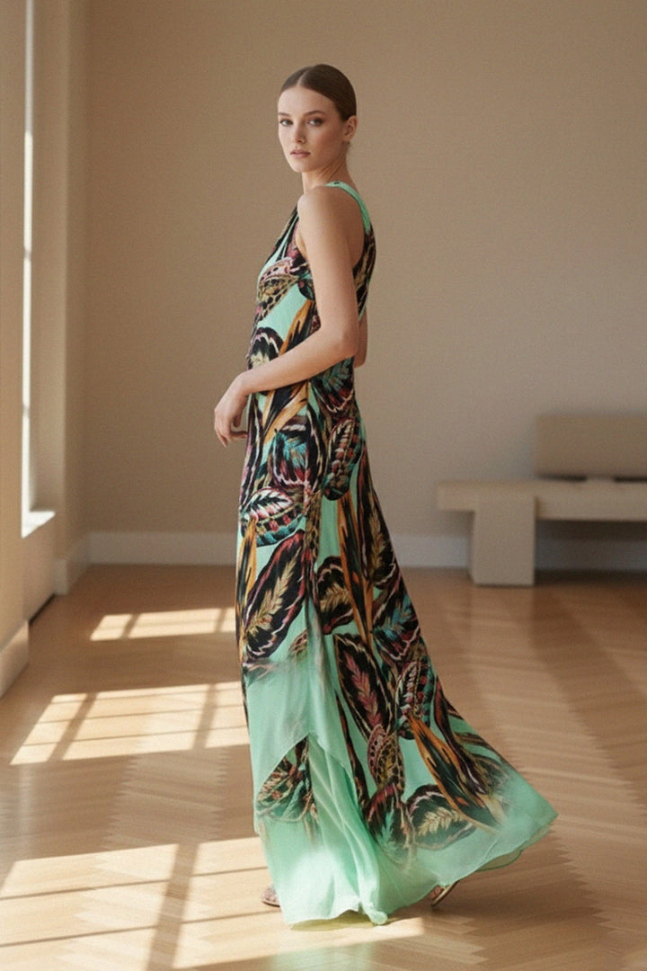 left pose dress, one shoulder maxi dress, mint green dress, feather print dress, Shahida Parides, formal event outfit, chic evening wear