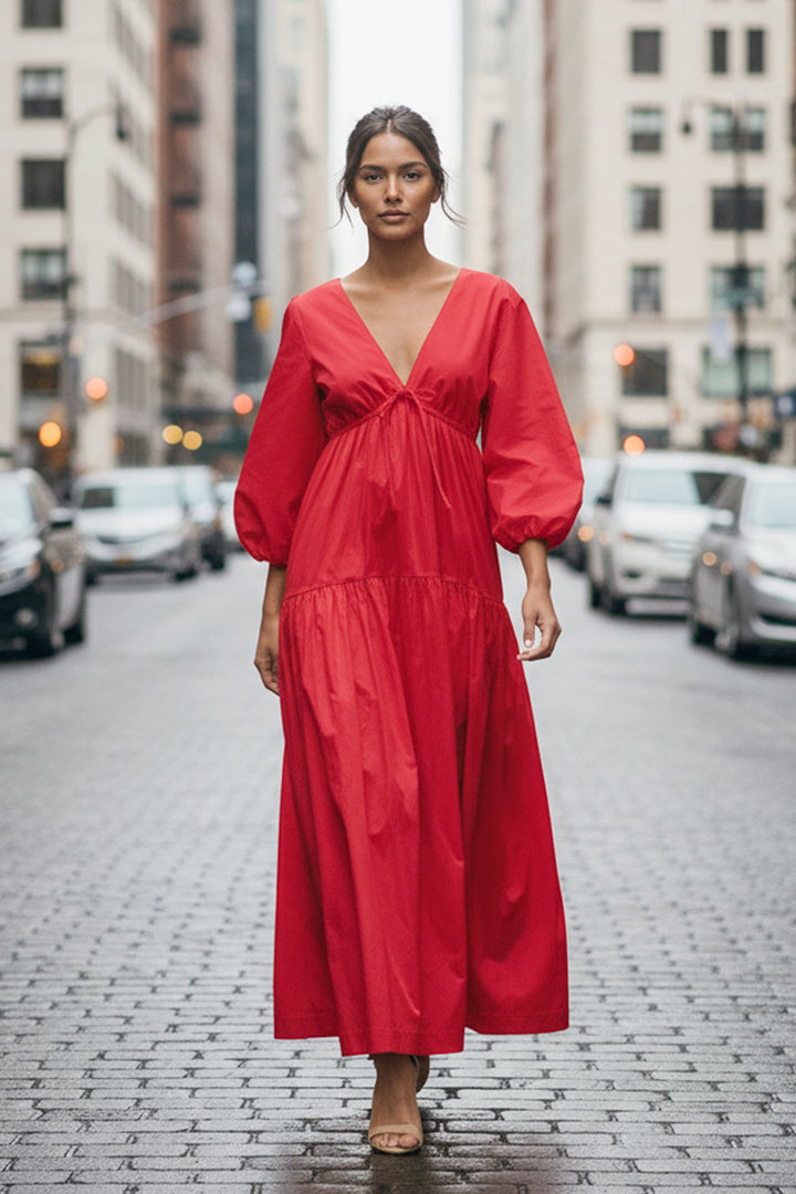 Puff Sleeve Maxi Dress in Red | Designer Long Maxi Dress Small Puff Sleeve Maxi Dress in Red | Designer Long Maxi Dress Small