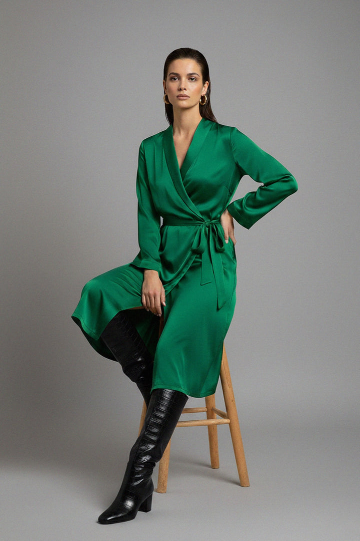 Shahida Parides gown, satin wrap dress, emerald fashion, back profile look, elegant evening gown, luxury style, formal green dress, silk maxi outfit, chic women’s wear, satin texture, fashion glamour, refined design