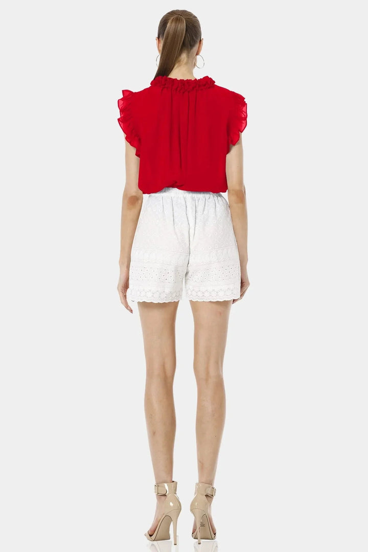 Sleeveless Red Top, Ruffle Neck Sleeveless Top, Top With Ruffle Neckline, Red Tie Up Top, Qishma Collection, Red Sleeveless Top, Ruffle Neck Top, Women’s Red Top, Designer Sleeveless Top, Stylish Red Blouse