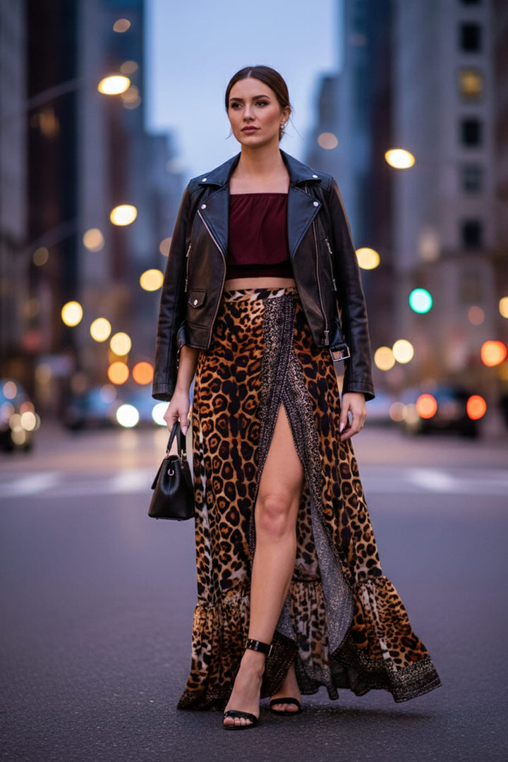 Bold animal print maxi skirt styled for fall-to-winter layering, Shahida,