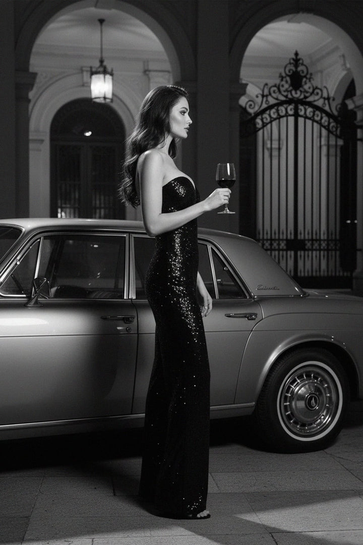 Strapless black jumpsuit for women with evening heels, Shahida,