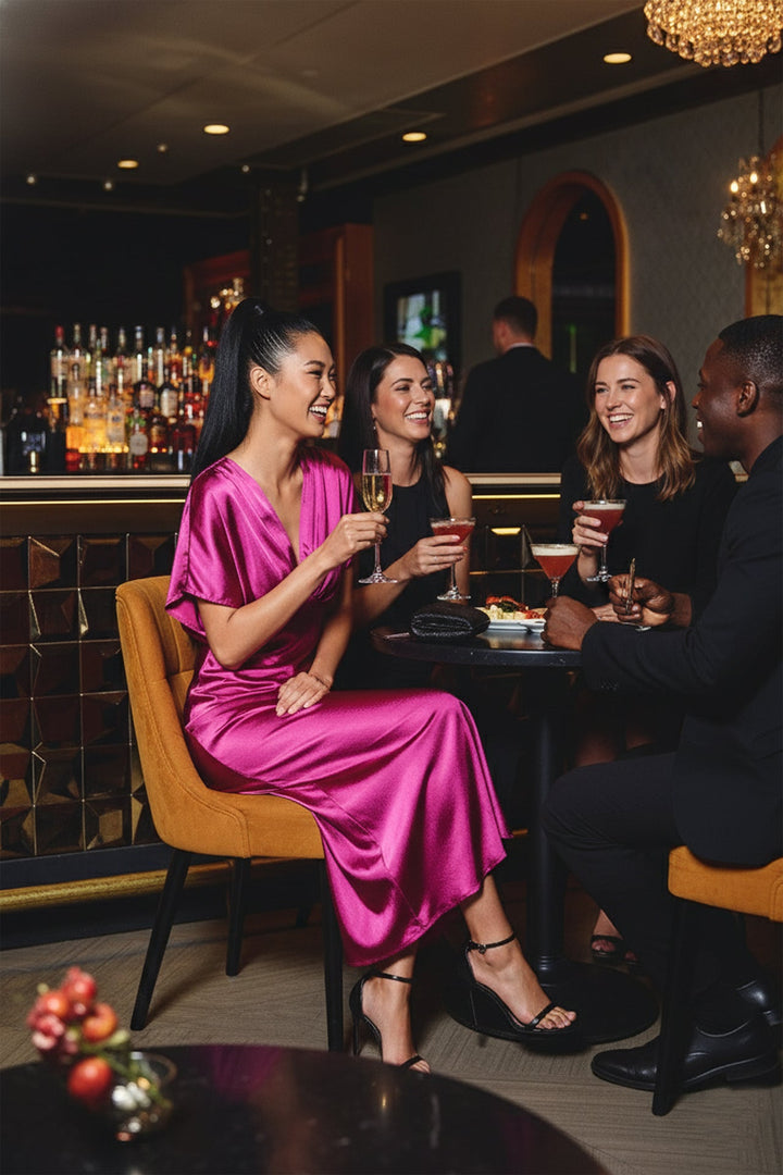 N ea Pari,
Midi Dress with Plunging Neckline,
Gathered Fabric Midi Dress,
Elegant Plunged Neck Dress,