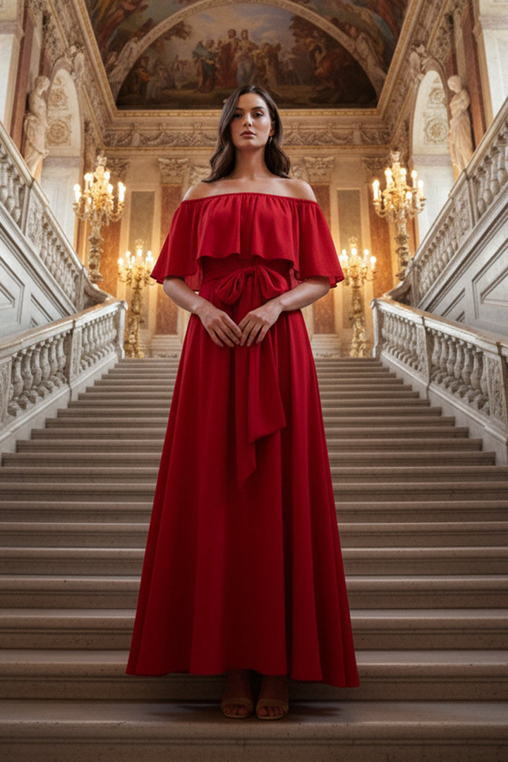 couture red off shoulder dress, classy red evening gown, modern red fashion outfit, red carpet style gown, luxury red designer wear, fashionable women’s red dress, elegant red off shoulder gown, shahida parides designer dress, timeless red evening fashion