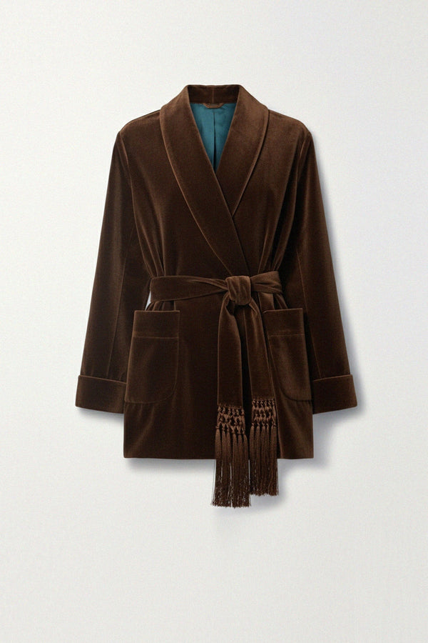 Elegant brown velvet coat with waist belt and collar, kyle-x-Shahida,