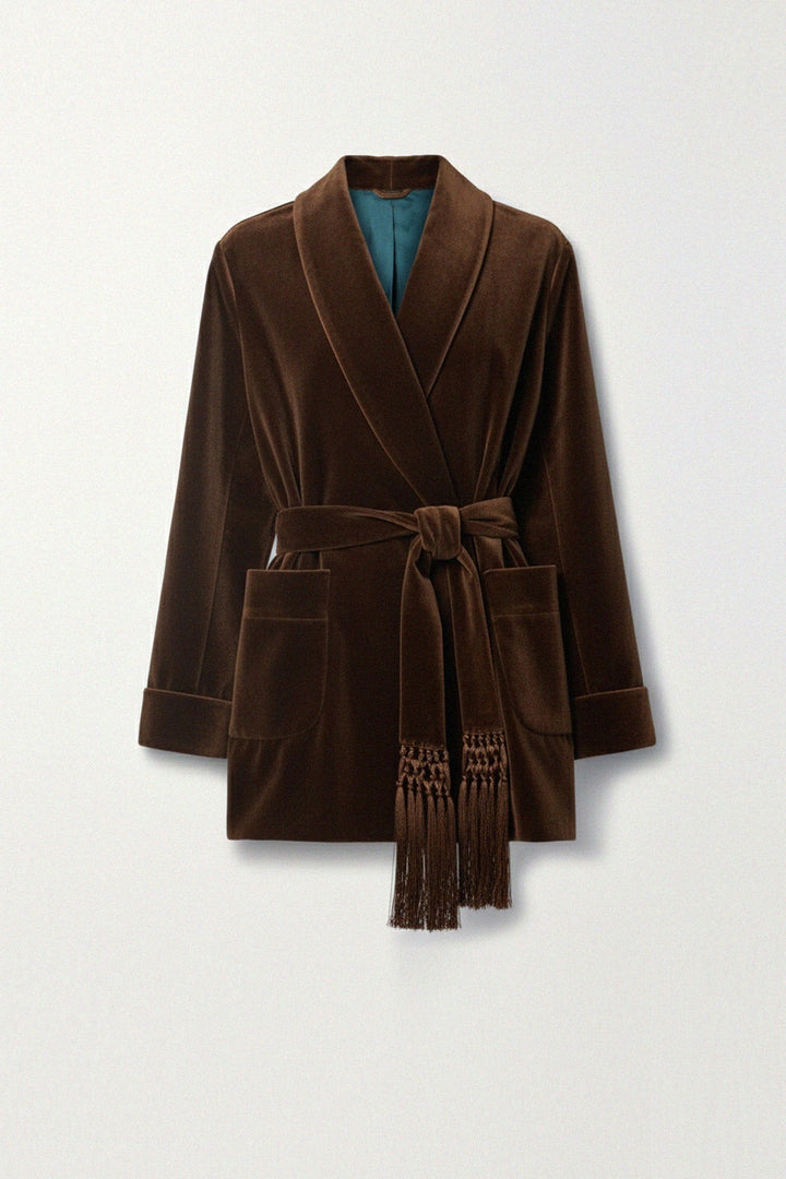 Elegant brown velvet coat with waist belt and collar, kyle-x-Shahida,