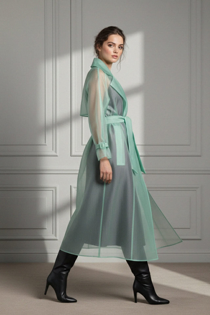 High-fashion long organza coat with belt detail, Shahida,