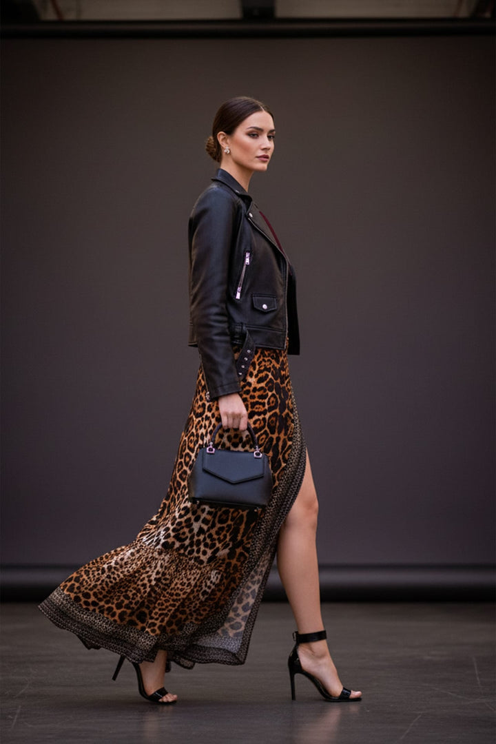 Luxurious animal print wrap skirt designed for sophisticated style, Shahida,