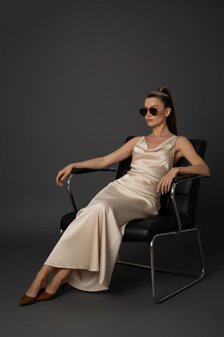 Stunning cowl neck crisscross back dress for evening galas, Shahida,